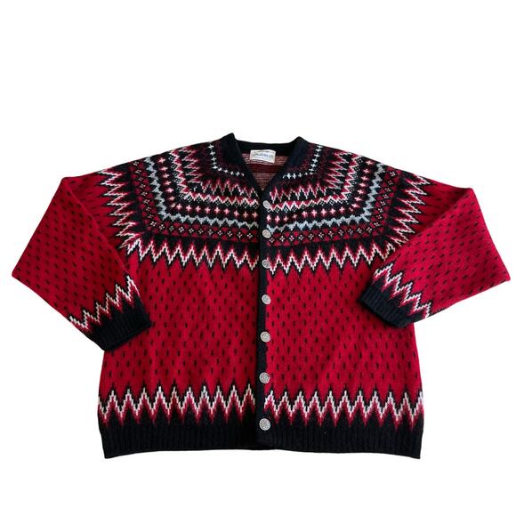 Vtg Y2K Red Black Fair Isle Nordic Cardigan Sweater Wmns XL Holiday Christmas - Picture 1 of 8